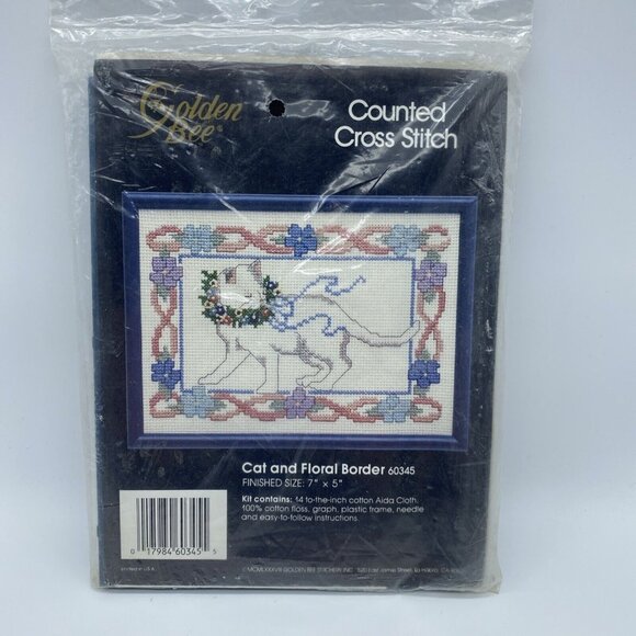 Golden Bee Counted Cross Stitch Kit Cat Floral Border 60345 Embroidery 7x5 NOS - Picture 2 of 9